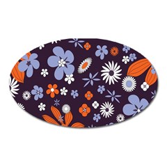 Bright Colorful Busy Large Retro Floral Flowers Pattern Wallpaper Background Oval Magnet by Nexatart