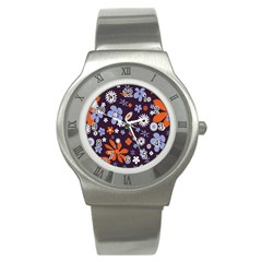 Bright Colorful Busy Large Retro Floral Flowers Pattern Wallpaper Background Stainless Steel Watch by Nexatart