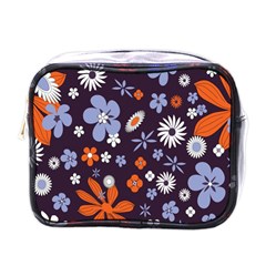 Bright Colorful Busy Large Retro Floral Flowers Pattern Wallpaper Background Mini Toiletries Bags by Nexatart