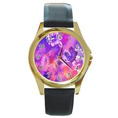 Littie Birdie Abstract Design Artwork Round Gold Metal Watch by Nexatart