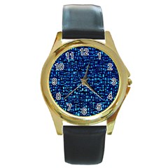 Blue Box Background Pattern Round Gold Metal Watch by Nexatart