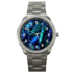 Underwater Abstract Seamless Pattern Of Blues And Elongated Shapes Sport Metal Watch Front