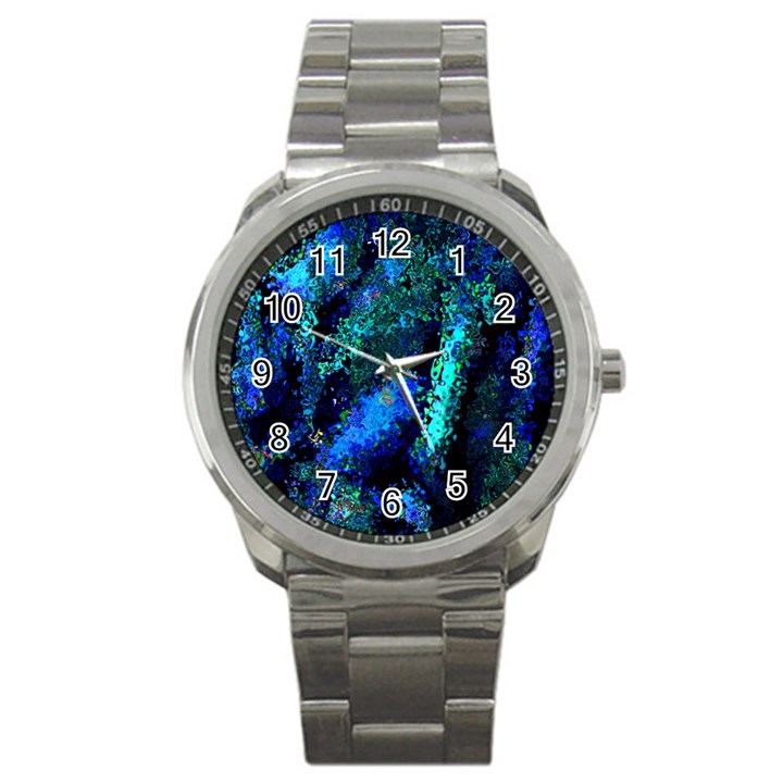 Underwater Abstract Seamless Pattern Of Blues And Elongated Shapes Sport Metal Watch