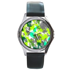 Abstract Watercolor Background Wallpaper Of Watercolor Splashes Green Hues Round Metal Watch by Nexatart