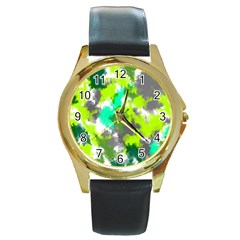 Abstract Watercolor Background Wallpaper Of Watercolor Splashes Green Hues Round Gold Metal Watch by Nexatart