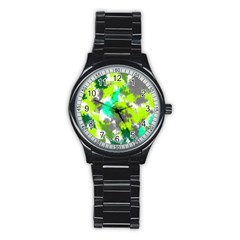 Abstract Watercolor Background Wallpaper Of Watercolor Splashes Green Hues Stainless Steel Round Watch by Nexatart