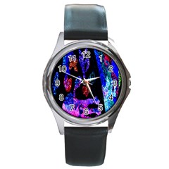 Grunge Abstract In Black Grunge Effect Layered Images Of Texture And Pattern In Pink Black Blue Red Round Metal Watch