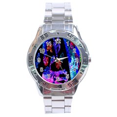 Grunge Abstract In Black Grunge Effect Layered Images Of Texture And Pattern In Pink Black Blue Red Stainless Steel Analogue Watch