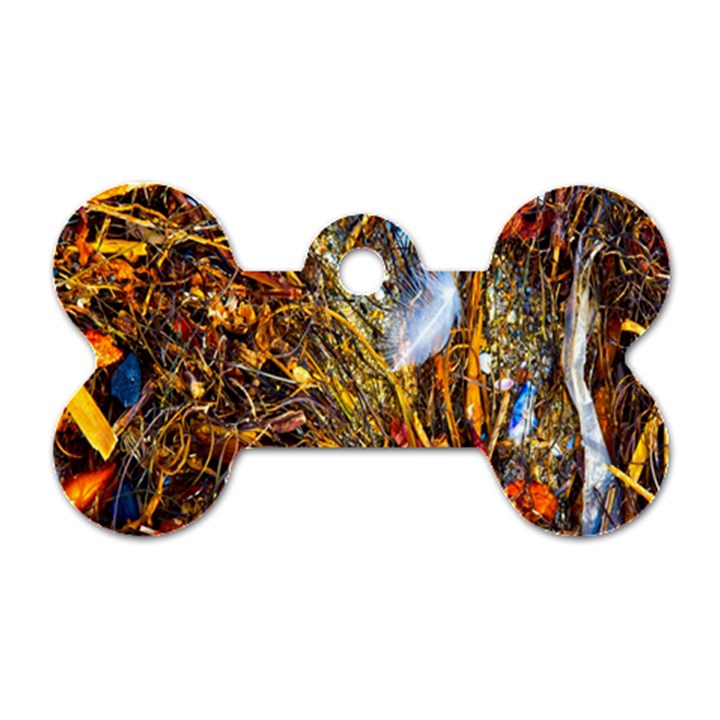 Abstract In Orange Sealife Background Abstract Of Ocean Beach Seaweed And Sand With A White Feather Dog Tag Bone (One Side)