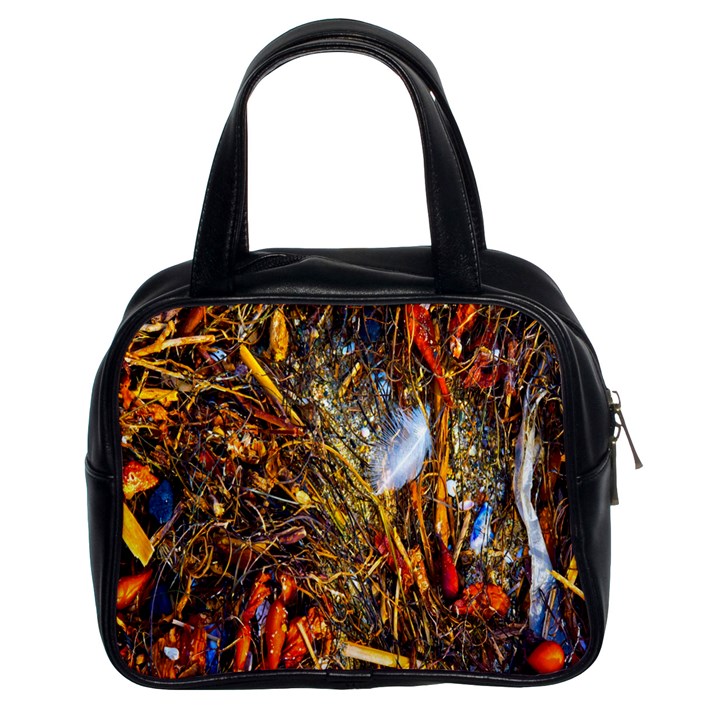 Abstract In Orange Sealife Background Abstract Of Ocean Beach Seaweed And Sand With A White Feather Classic Handbags (2 Sides)