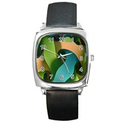 Ribbons Of Blue Aqua Green And Orange Woven Into A Curved Shape Form This Background Square Metal Watch by Nexatart