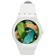 Ribbons Of Blue Aqua Green And Orange Woven Into A Curved Shape Form This Background Round Plastic Sport Watch (m) by Nexatart