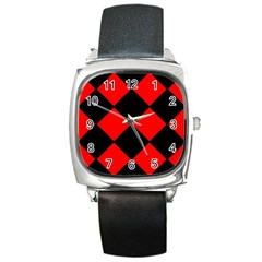 Red Black square Pattern Square Metal Watch