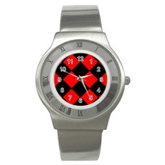 Red Black square Pattern Stainless Steel Watch