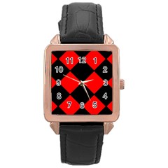 Red Black square Pattern Rose Gold Leather Watch 