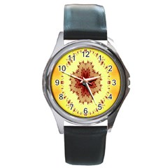 Yellow Digital Kaleidoskope Computer Graphic Round Metal Watch by Nexatart