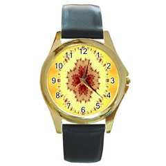 Yellow Digital Kaleidoskope Computer Graphic Round Gold Metal Watch by Nexatart