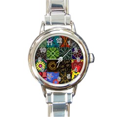 Digitally Created Abstract Patchwork Collage Pattern Round Italian Charm Watch by Nexatart