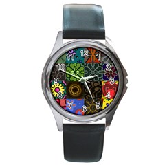 Digitally Created Abstract Patchwork Collage Pattern Round Metal Watch by Nexatart