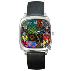 Digitally Created Abstract Patchwork Collage Pattern Square Metal Watch by Nexatart