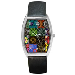 Digitally Created Abstract Patchwork Collage Pattern Barrel Style Metal Watch by Nexatart