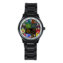 Digitally Created Abstract Patchwork Collage Pattern Stainless Steel Round Watch by Nexatart