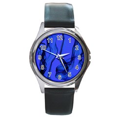 Blue Velvet Ribbon Background Round Metal Watch by Nexatart