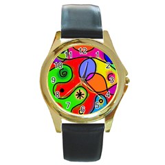 Digitally Painted Patchwork Shapes With Bold Colours Round Gold Metal Watch by Nexatart