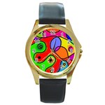 Digitally Painted Patchwork Shapes With Bold Colours Round Gold Metal Watch Front