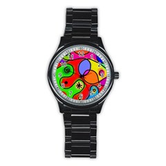 Digitally Painted Patchwork Shapes With Bold Colours Stainless Steel Round Watch by Nexatart