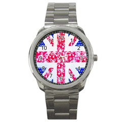 British Flag Abstract British Union Jack Flag In Abstract Design With Flowers Sport Metal Watch by Nexatart