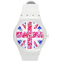 British Flag Abstract British Union Jack Flag In Abstract Design With Flowers Round Plastic Sport Watch (m) by Nexatart