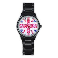 British Flag Abstract British Union Jack Flag In Abstract Design With Flowers Stainless Steel Round Watch by Nexatart