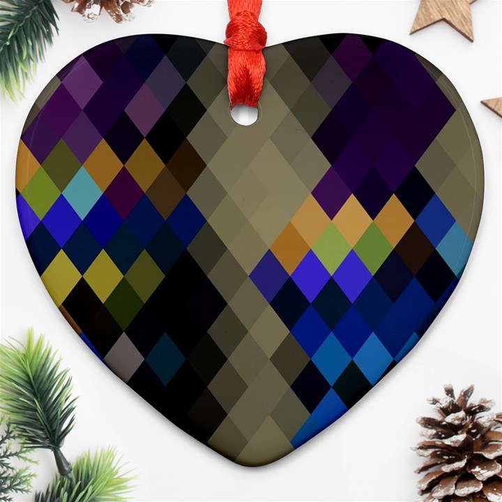 Background Of Blue Gold Brown Tan Purple Diamonds Heart Ornament (Two Sides)