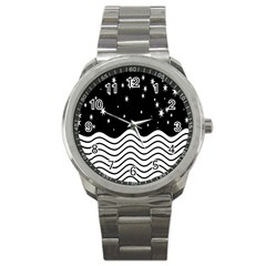 Black And White Waves And Stars Abstract Backdrop Clipart Sport Metal Watch by Nexatart