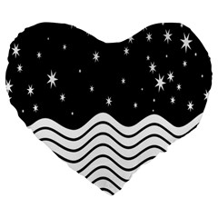 Black And White Waves And Stars Abstract Backdrop Clipart Large 19  Premium Heart Shape Cushions by Nexatart