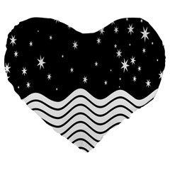 Black And White Waves And Stars Abstract Backdrop Clipart Large 19  Premium Flano Heart Shape Cushions by Nexatart