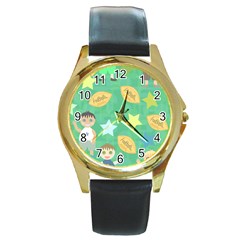 Football Kids Children Pattern Round Gold Metal Watch by Nexatart