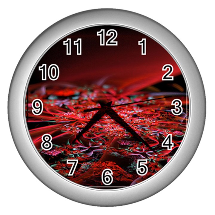 Red Fractal Valley In 3d Glass Frame Wall Clocks (Silver) 