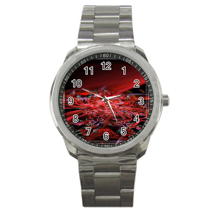 Red Fractal Valley In 3d Glass Frame Sport Metal Watch