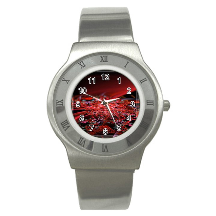 Red Fractal Valley In 3d Glass Frame Stainless Steel Watch