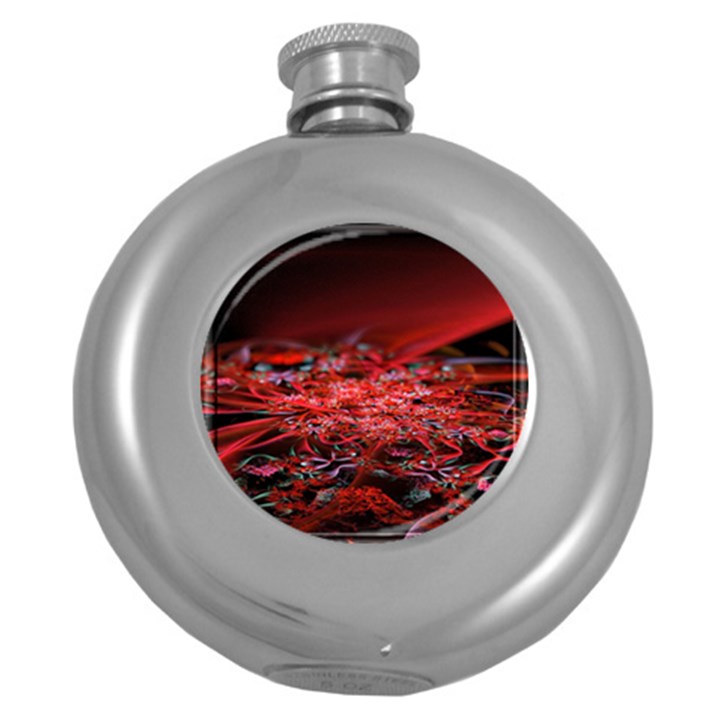 Red Fractal Valley In 3d Glass Frame Round Hip Flask (5 oz)