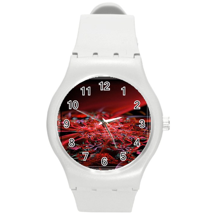 Red Fractal Valley In 3d Glass Frame Round Plastic Sport Watch (M)