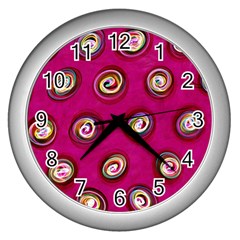 Digitally Painted Abstract Polka Dot Swirls On A Pink Background Wall Clocks (silver)  by Nexatart