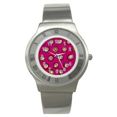 Digitally Painted Abstract Polka Dot Swirls On A Pink Background Stainless Steel Watch by Nexatart