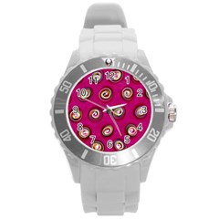 Digitally Painted Abstract Polka Dot Swirls On A Pink Background Round Plastic Sport Watch (l) by Nexatart