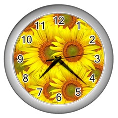 Sunflowers Background Wallpaper Pattern Wall Clocks (silver)  by Nexatart