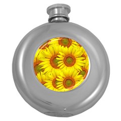 Sunflowers Background Wallpaper Pattern Round Hip Flask (5 Oz) by Nexatart