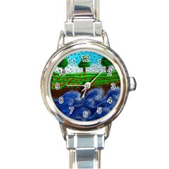 Beaded Landscape Textured Abstract Landscape With Sea Waves In The Foreground And Trees In The Background Round Italian Charm Watch by Nexatart