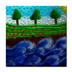 Beaded Landscape Textured Abstract Landscape With Sea Waves In The Foreground And Trees In The Background Tile Coasters by Nexatart